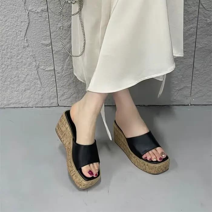 Talons noirs pantoufles été bloc chaussures compensées Sandales blanches décontracté Femme plate-for