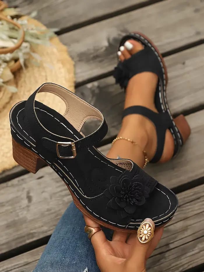 Sandales à talons hauts pour femmes, chaussures à talons épais à fleurs tendance, à bout ouvert, ave
