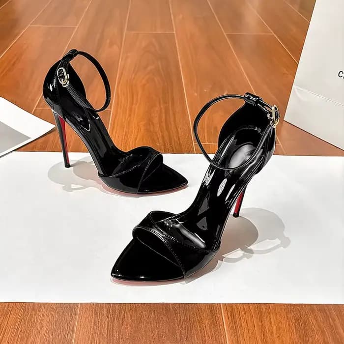 Sandales en cuir verni noir à talons hauts rouges pour femmes, escarpins de mariage à bout ouvert de