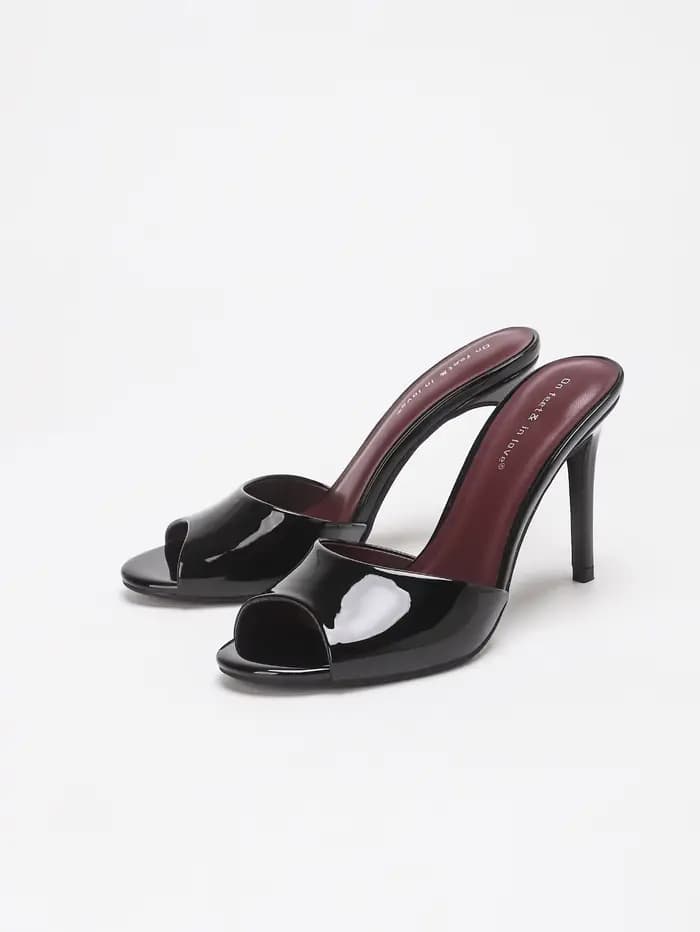 Sandales mules à talon aiguille en cuir PU verni brillant pour femme, à bout ouvert, à enfiler, pour