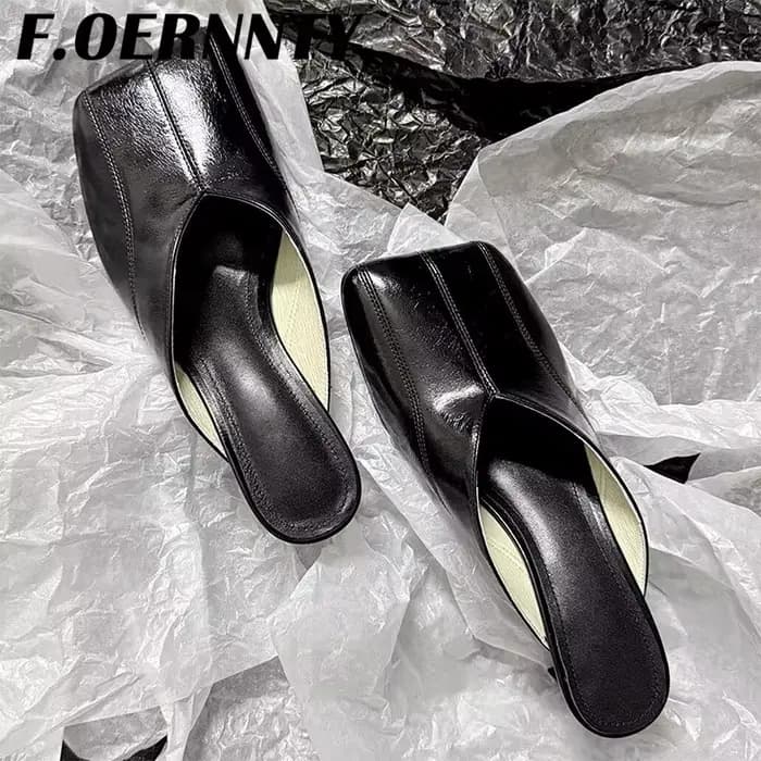 Mules rétro à bout carré et talon chaton pour femmes, demi-pantoufles en cuir véritable, décontracté