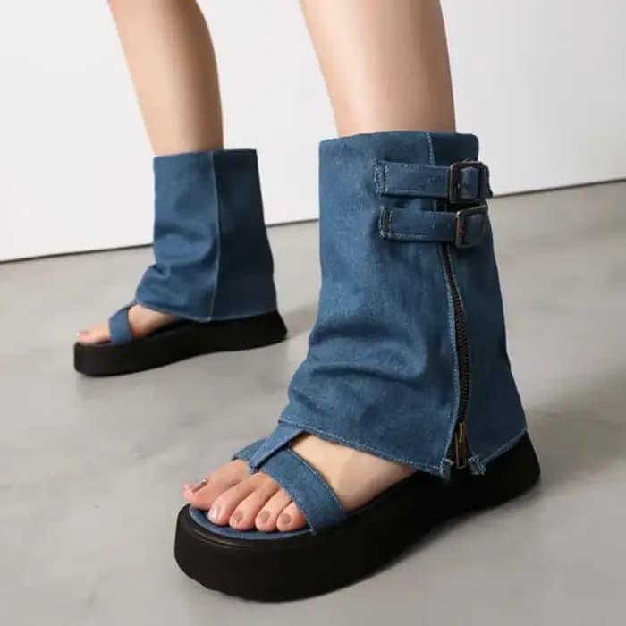 Roman Punk Rock gladiateur sandales femmes Denim bleu chaussures 2025 été grosse plate-forme Creeper