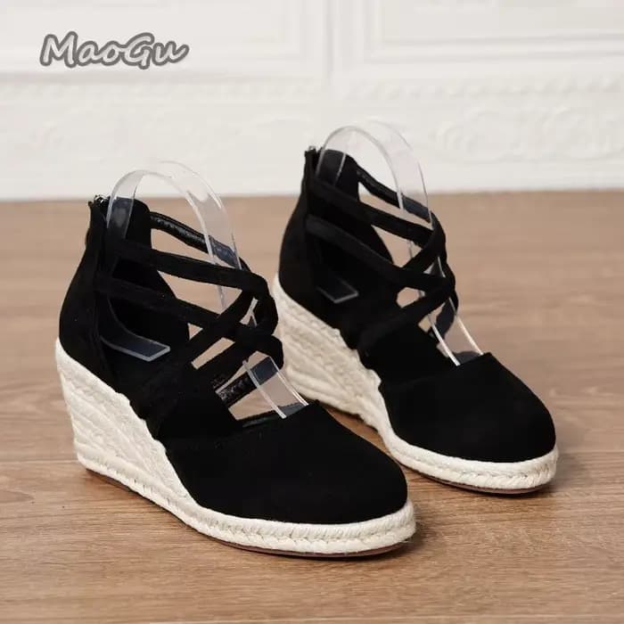 Sandales compensées en daim à brides croisées, style espadrilles, mode estivale, chaussures décontra