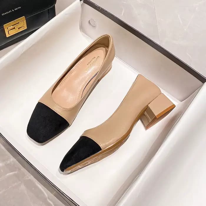 Escarpins patchwork en cuir noir et beige pour femmes, chaussures provoqué à talons épais, bout carr
