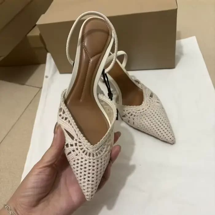 Sandales à talons hauts pour femmes, collection été 2026, élégantes, à bout pointu, tissées, ajourée