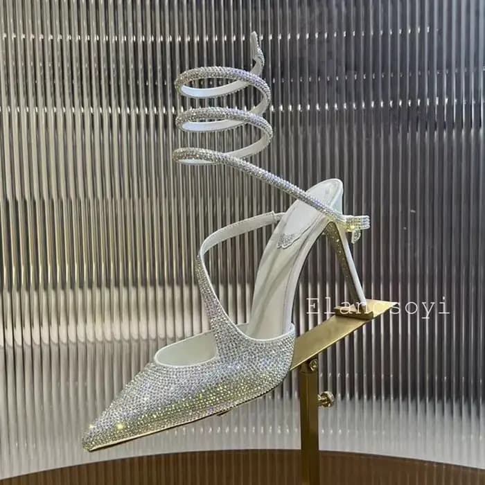 Bout pointu talons hauts femmes brillant cristal décor cheville serpent en forme enroulement chaussu