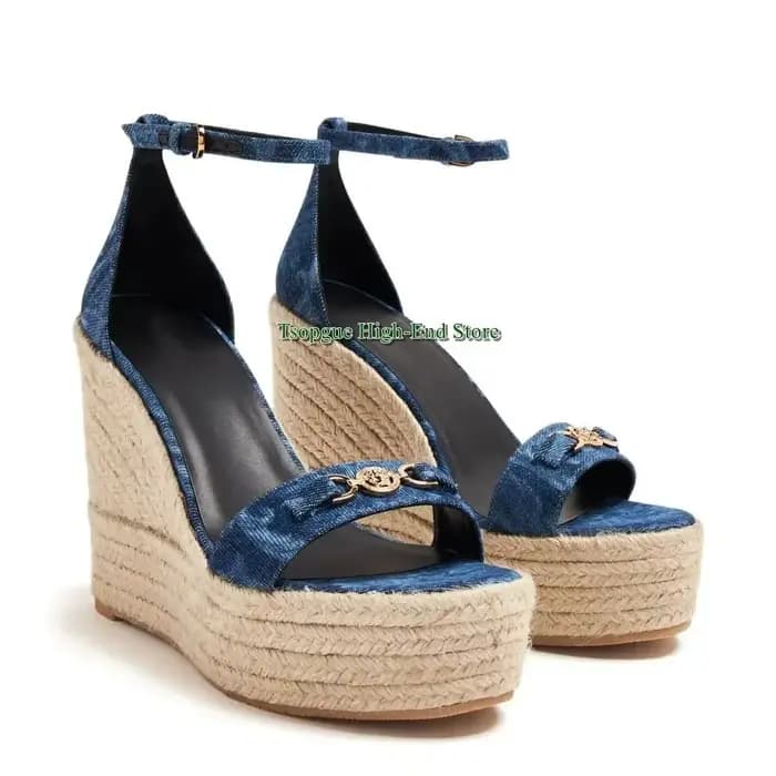 Espadrille tissée bout rond bout ouvert boucle sandales talon compensé plate-forme talons hauts
