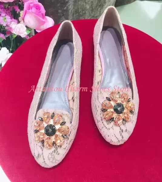Nouvelles chaussures plates pour femme à bout rond avec décoration florale en cristal, chaussures dé