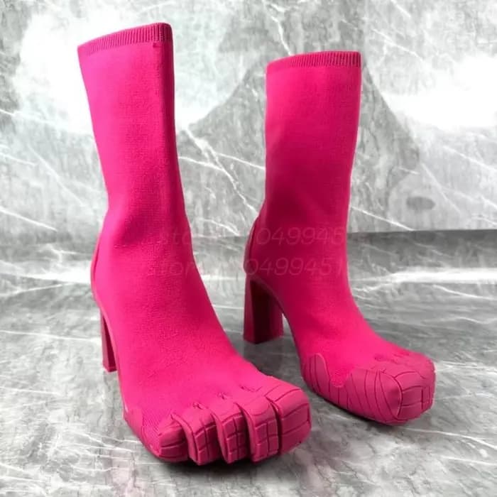 Femmes Fuchsia daim cinq doigts bottes en cuir noir bout fendu talon carré mi-mollet bottes sexy mod