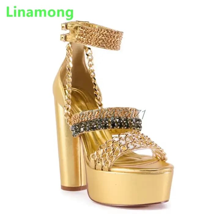 Sandales à talons carrés et plateforme dorée pour femmes, chaussures élégantes à bout rond, Design a