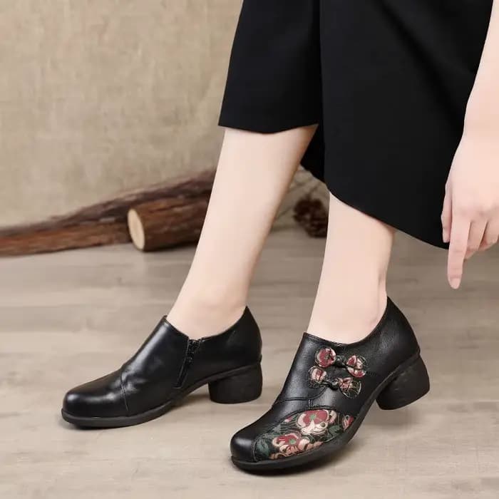 Escarpins bohème imprimés de fleurs rétro pour femmes, chaussures faites à la main en cuir véritable