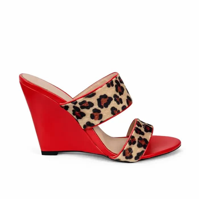 Sandales compensées en cuir imprimé léopard Rouge/Nude/Noir – Talons hauts de luxe pour femme, mules