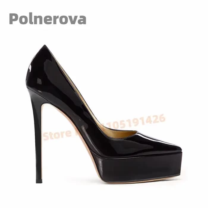 Escarpins en cuir verni pour femmes, sexy, à bout pointu, plateforme, talons fins, couleur unie, à e