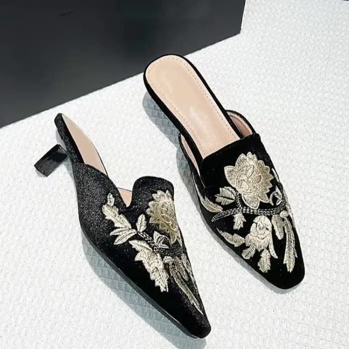 Chaussures de luxe à talons hauts pour chaton, Mules en velours brodées, pantoufles à bout pointu, P