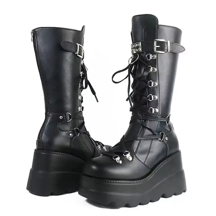 Bottes à plateforme mi-mollet à talons hauts pour femmes, lacets, fermeture à glissière arrière, Par