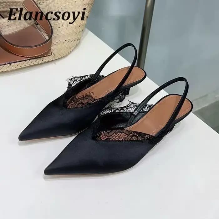 Mode Satin dentelle chaton talons bout pointu sandales femmes pompes talons bas sangle arrière Sanda