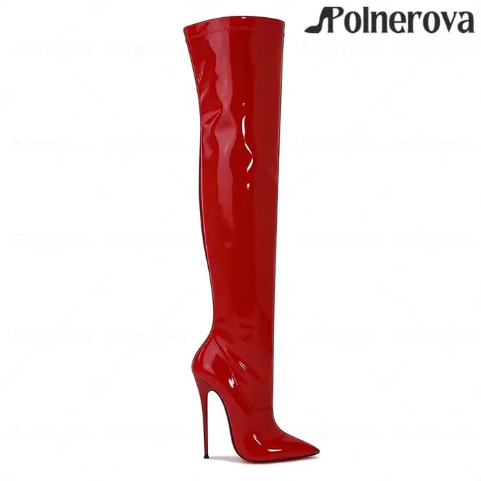 Bottes au-dessus du genou en cuir verni laqué de 16 cm, style sexy, bottes à talon aiguille pointues