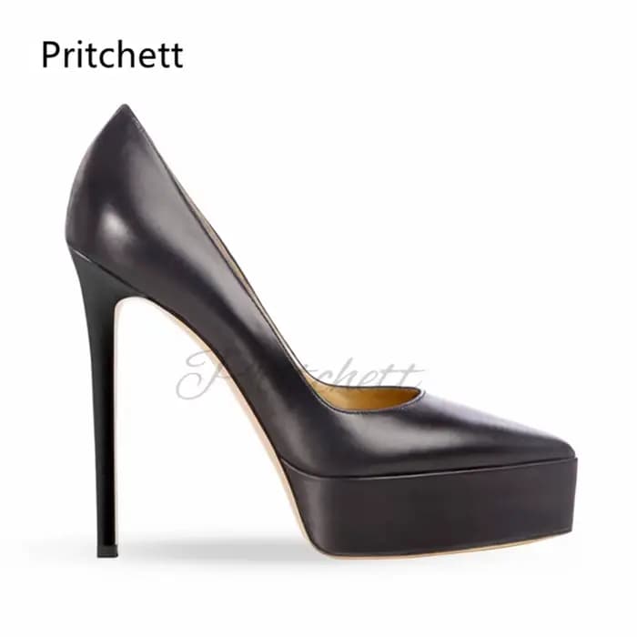 Escarpins à plateforme en cuir noir pour femmes, sexy, à bout pointu, talons hauts fins, couleur uni