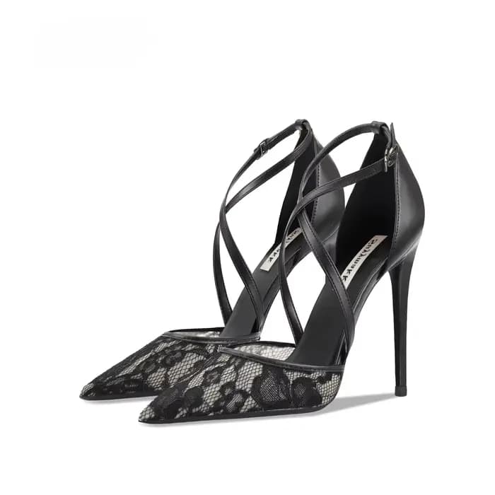 Nouvelles sandales à talons hauts en dentelle noire pour femmes, bout pointu, talon peu profond, pol