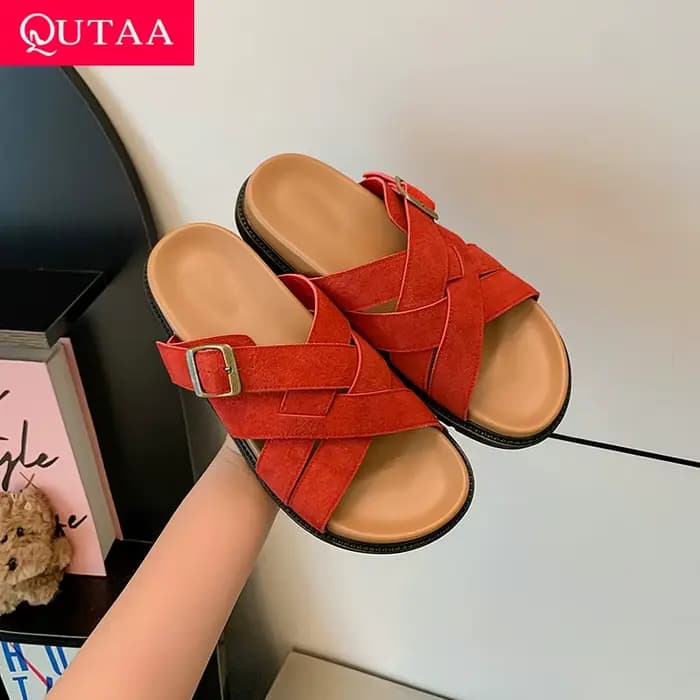 QUTAA 2025 Sexy femmes sandales chaussures plates talons été pantoufles Slingbacks bout ouvert en cu