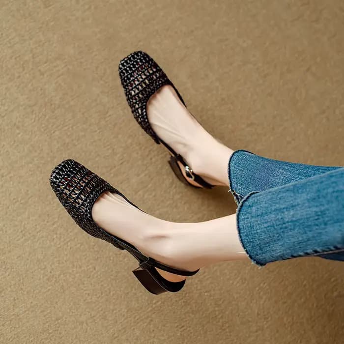Sandales à talons hauts tressées à bout carré, style français, nouvelle collection été 2026, en cuir