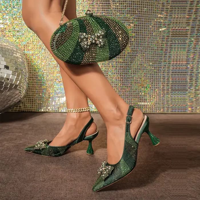 Venus Chan – chaussures et sacs à talons hauts pour femmes, couleur verte, bout pointu, strass, soir