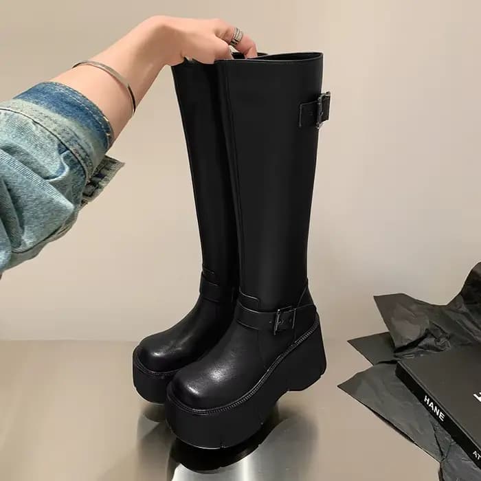 Chaussures pour femmes, bottes classiques à hauteur de genou, avec boucle de ceinture, fermeture écl