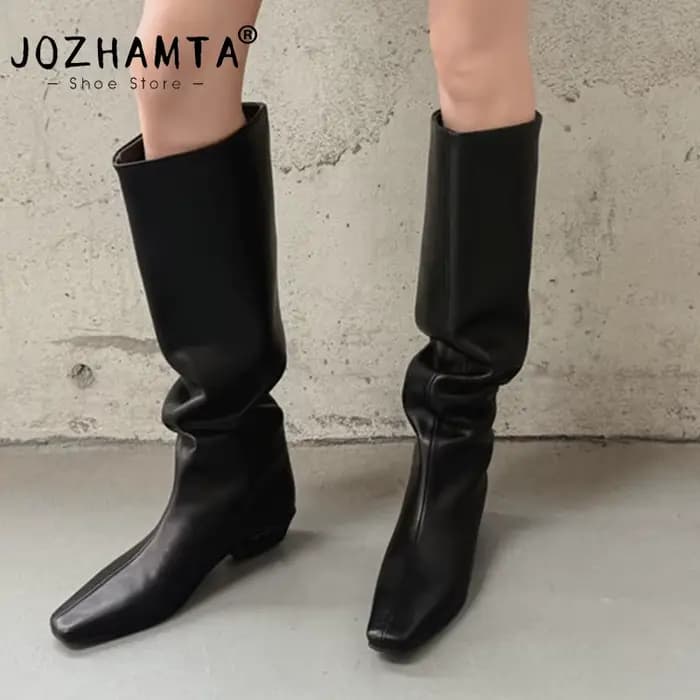 JOZHAMTA taille 34-40 2026 nouvelles bottes en cuir véritable pour femmes genou talons bas chaussure