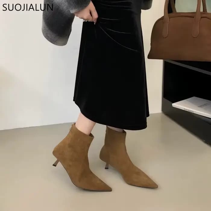 SUOJIALUN-Bottes Courtes à Talons Hauts et Fins pour Femme, Chaussures d'Hiver Élégantes, Nouvelle M