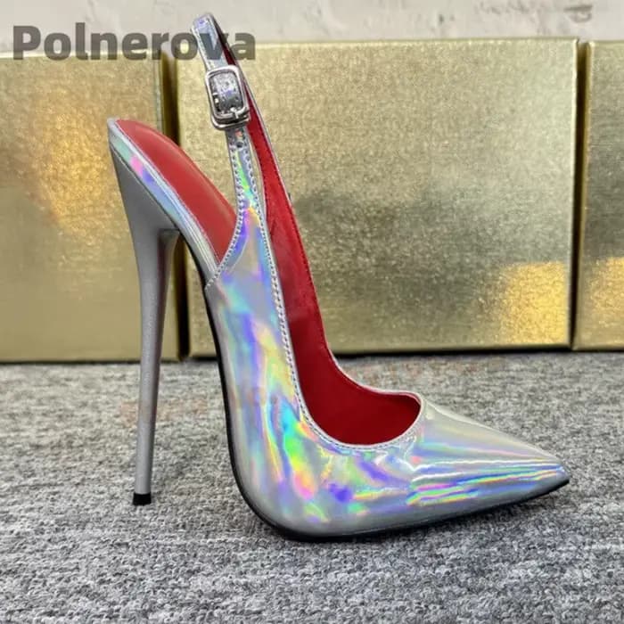 Sandales à talon aiguille sexy de 16 cm pour femme, en cuir verni, à bout pointu, avec bride arrière