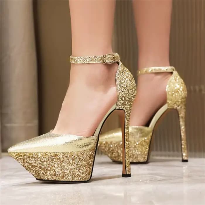 Sandales dorées brillantes pour femmes, chaussures Sexy à talons hauts de 15cm, plateforme étanche, 