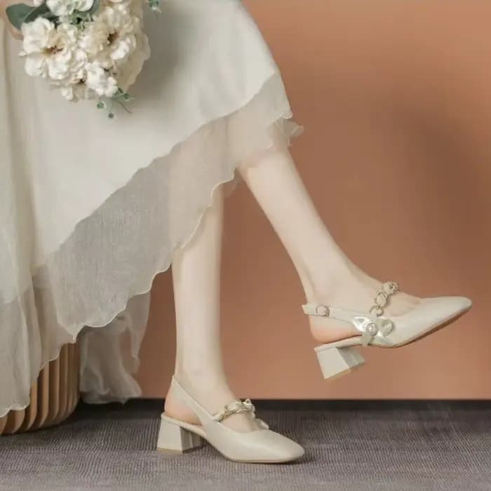Sandales Mary Jane de style français pour femmes - Décoration perles et nœuds, bout carré, talon car