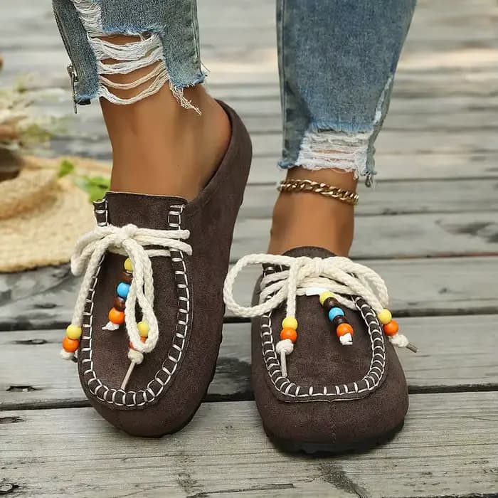 Mules et sabots pour femmes à bout rond en daim, mocassins plats à enfiler, style bohème avec perles