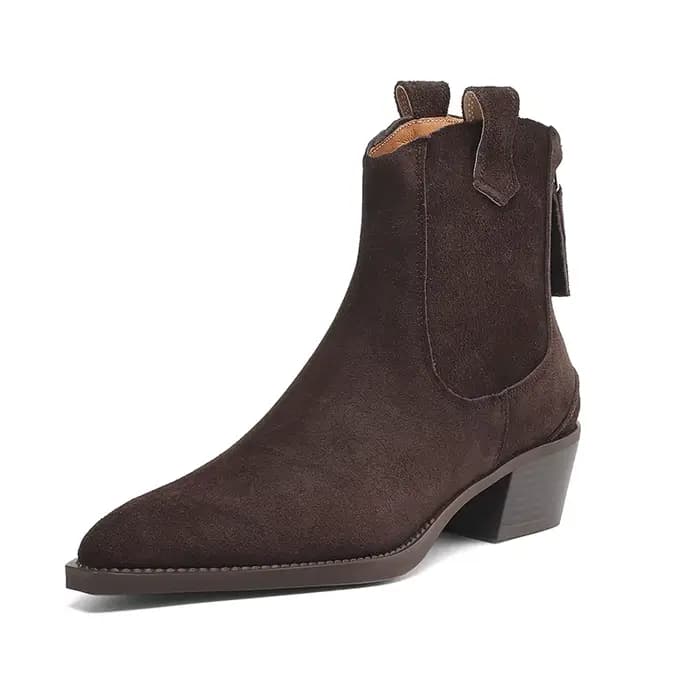 Bottines occidentales en daim naturel pour femmes, tendance 2026, marron, kaki, noir, talons mi-bloc