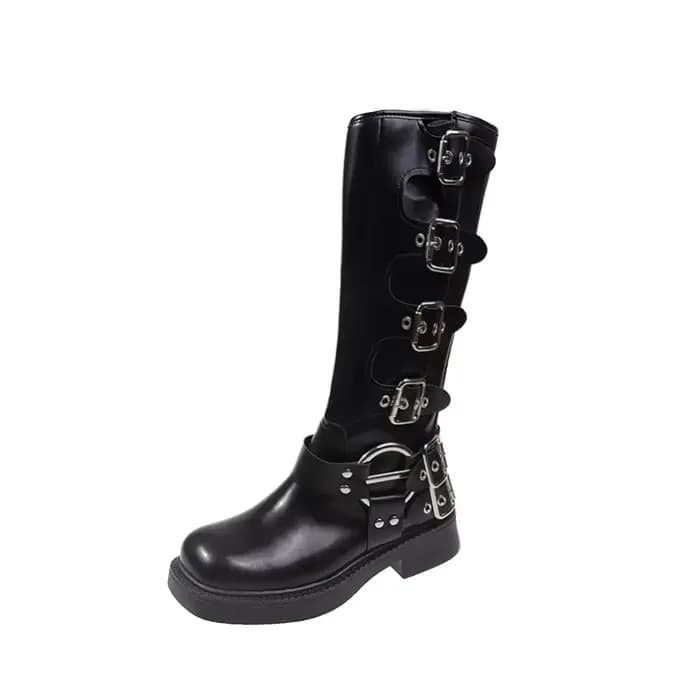 Femme bottes genou haute plate-forme élégante talon bas tendance Punk gothique New Rock cuir mode ch