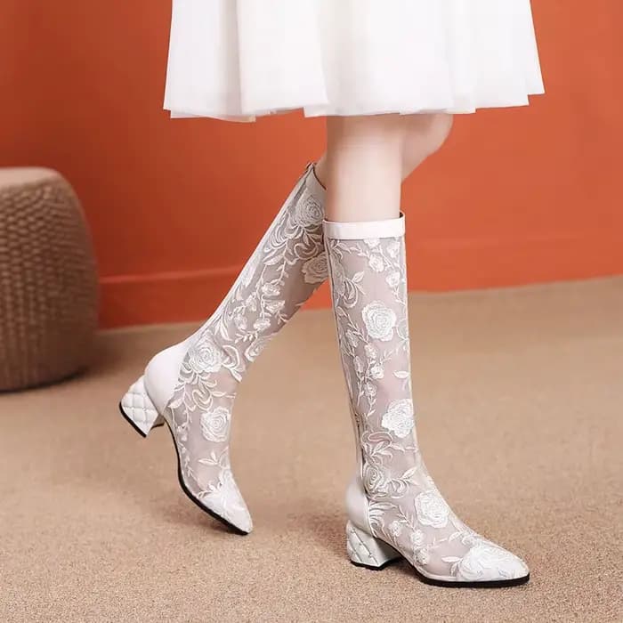 FHC-Bottes Sandales Hautes au Genou pour Femme, Chaussures en Maille, sulfBotas en Dentelle Brodée d