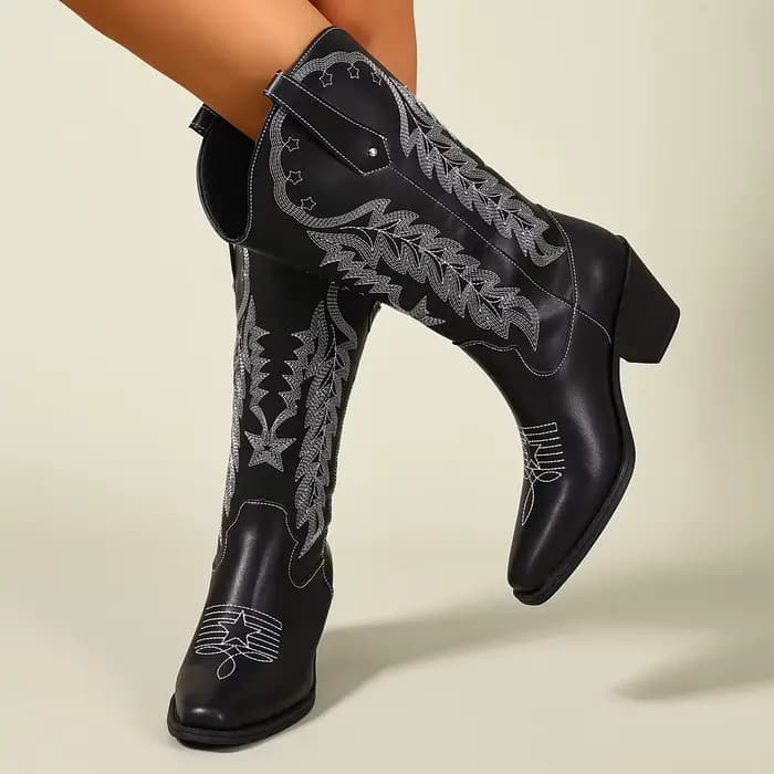 Bottes Western noires brodées avec talon épais, bout carré, style bohème, style européen et américai