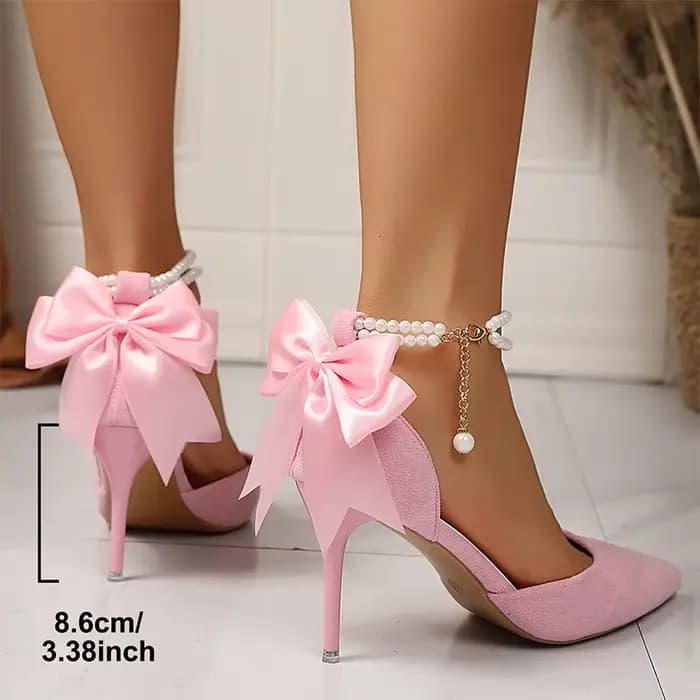 Sandales à talons hauts roses élégantes pour femmes, décor de nœud papillon, sandales de fête à bout