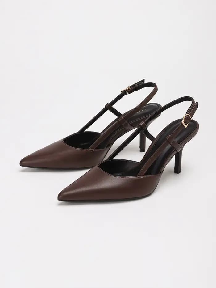 Escarpins marron à bride arrière pour femme, à bout pointu, avec boucle réglable et talon fin, éléga