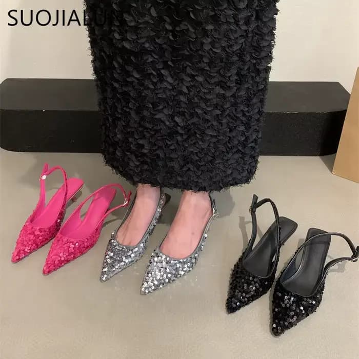 SUOJIALUN-Sandales Bling à Talons Pointus pour Femme, Escarpins à Enfiler, peu Profondes, Élégantes,