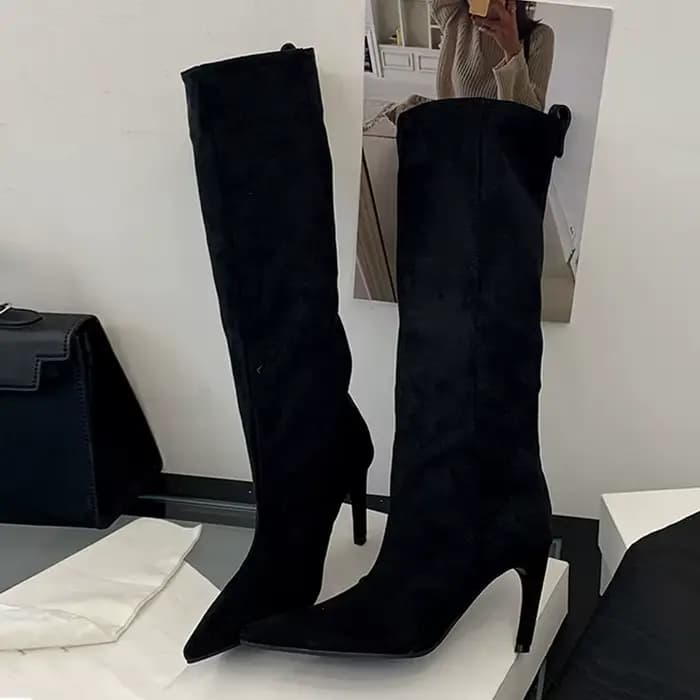Liyke automne hiver mode mince genou bottes hautes femmes Sexy bout pointu bas talon mince chaussure