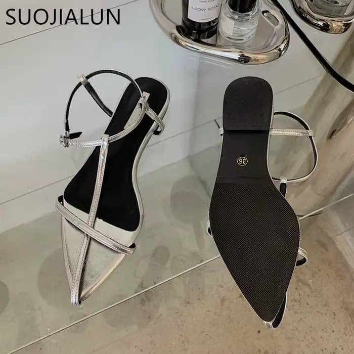 SUOJIALUN 2025 nouvelle marque femmes sandale mode bande étroite talon plat dames gladiateur chaussu