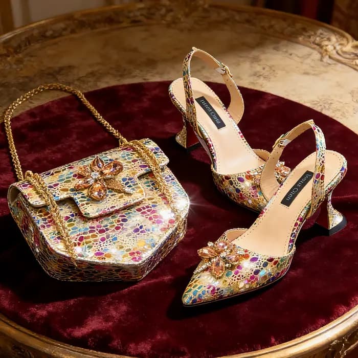 Chaussures à talons fins couleur or 2026, bout pointu, design cristal, pour femmes, avec sac assorti