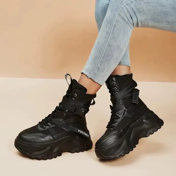 Bottes de moto noires à plateforme épaisse, à lacets, vulcanisées, pour femme, automne hiver 2026, b