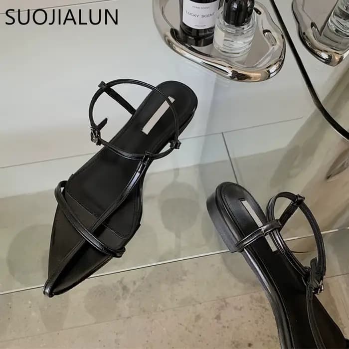 SUOJIALUN 2025 nouvelle marque femmes sandale mode bande étroite talon plat dames gladiateur chaussu