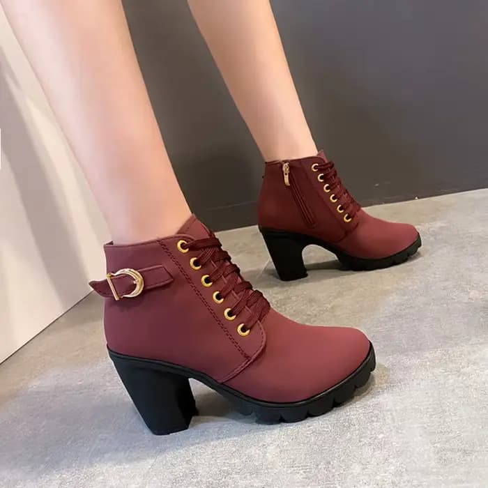 Bottes à talons hauts pour femmes, chaussures à lacets, bottines à plateforme avec boucle, en cuir a