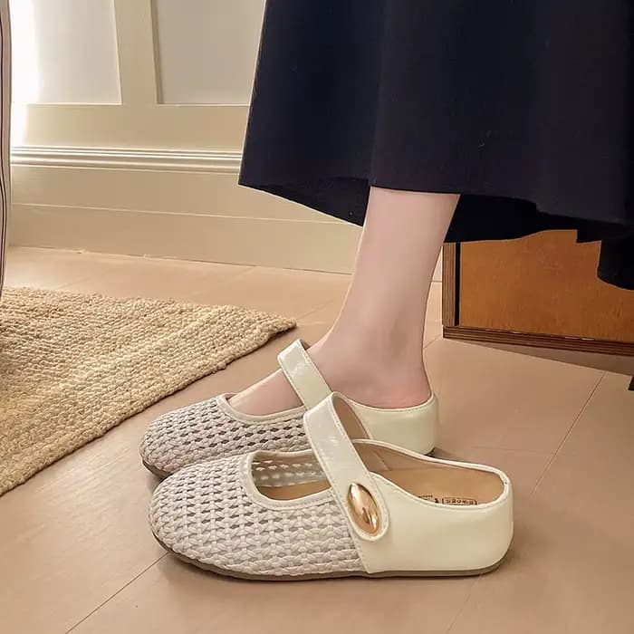 Chaussures pour femmes de style français, mules à bout fermé, plates, respirantes, ajourées, confort