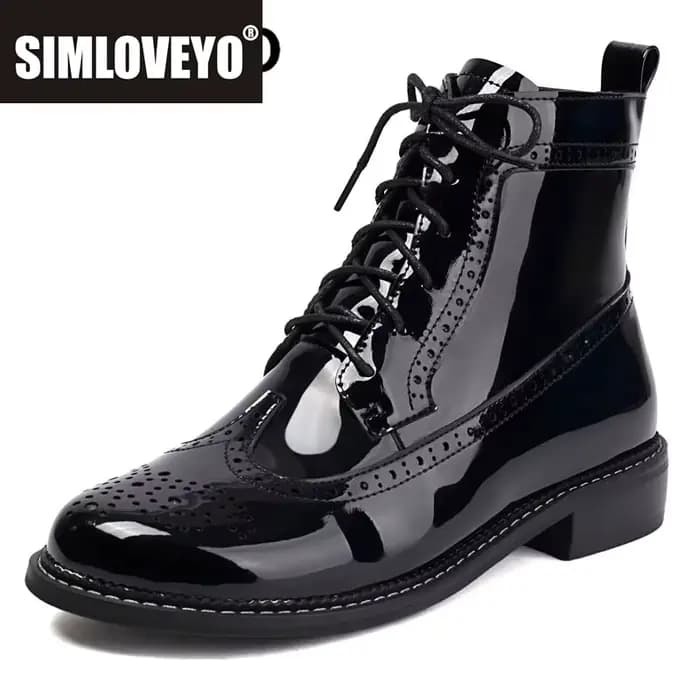 SIMLOVEYO 2025 brillant femmes bottines bout rond bloc talons 3.5 cm fermeture éclair à lacets grand