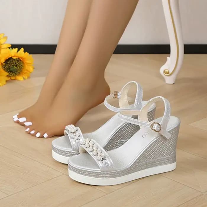 Sandales à l'offre elles compensées pour femmes, chaussures d'été avec perles transparentes et biscu