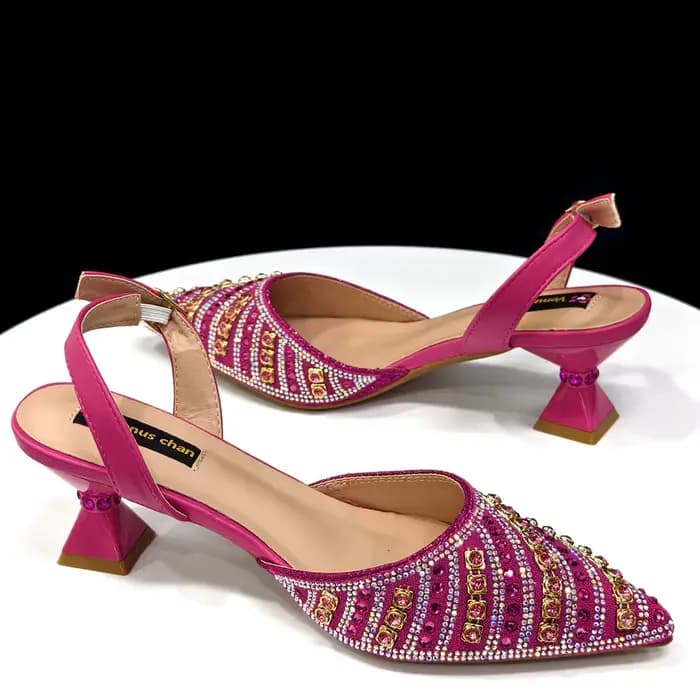 2025 brillant mode italienne bout pointu femmes talon mode strass décoration couleur Fuchsia chaussu